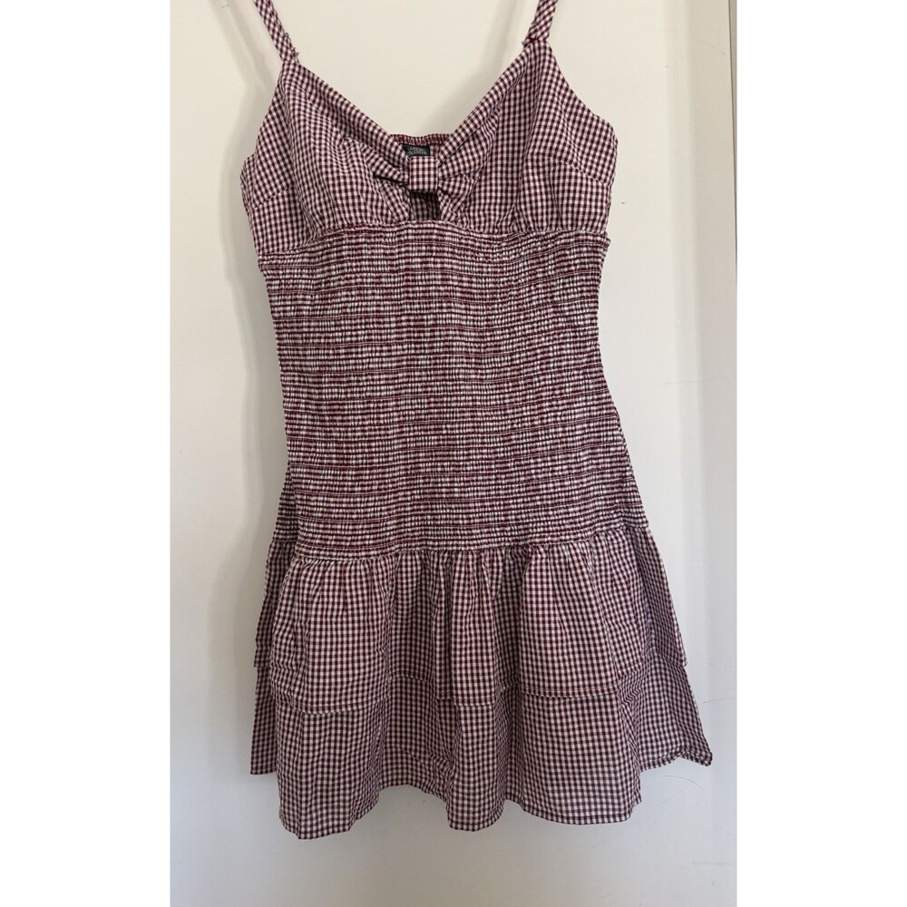 Women’s Smocked Mini Skater Dress Burgundy Gingham Medium Wild Fable